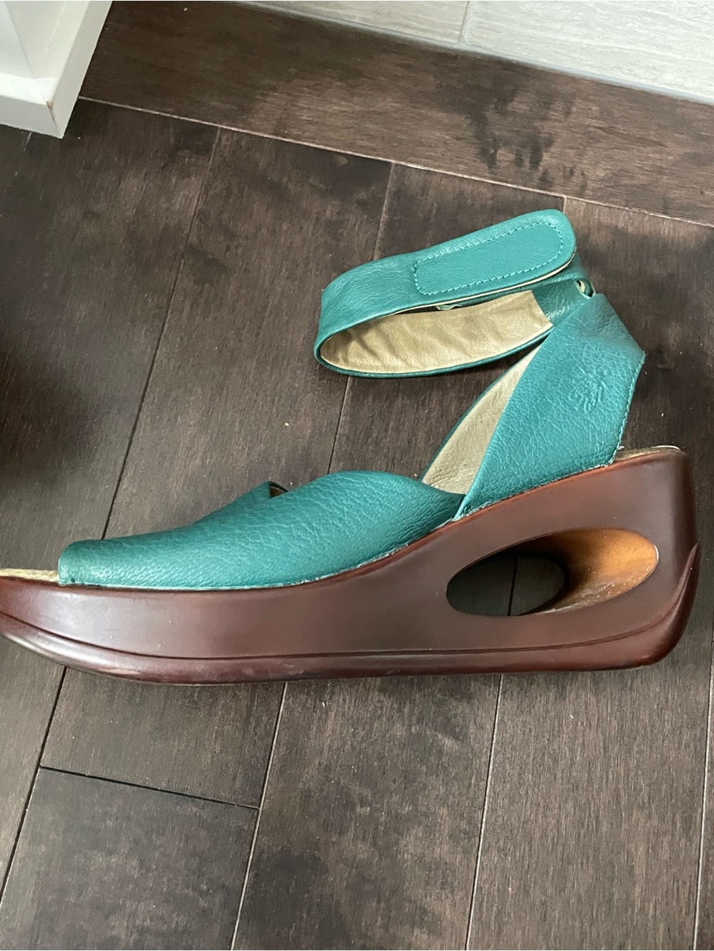 Fly London Teal Leather Wedge Sandals with Brown Platform Women’s Size 39 - Picture 5 of 9